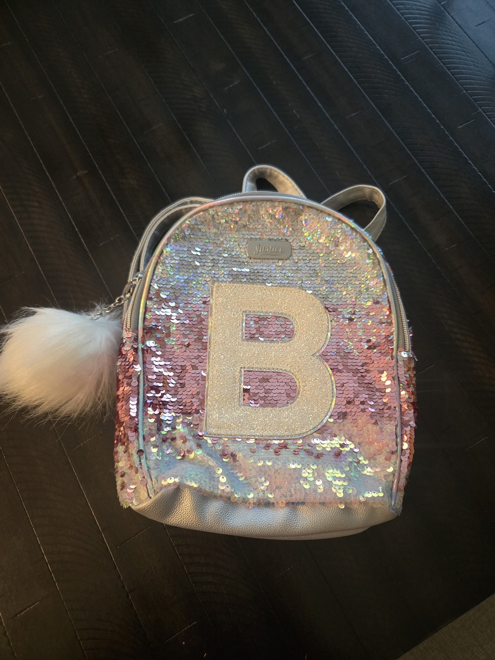 Justice silver and pink sequin backpack with large gold letter B